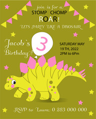 Children's birthday party invitation! Using green, pink, white, black colors. Used for web design, illustrations, banners, posters.