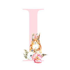 Watercolor Pink Animals Floral Alphabet letter I with cute watercolor squirre animal. Floral letter element for baby shower, Monogram for wedding, logo, frame art, poster, name sign wedding invite diy