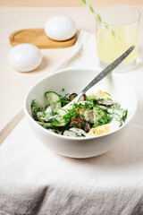 Salad with cucumber, radish, and egg.
