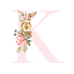 Fototapeta premium Watercolor Pink Animals Floral Alphabet letter K with cute watercolor bunny animal. Floral letter element for baby shower, Monogram for wedding, logo, frame art, poster, name sign wedding invite diy