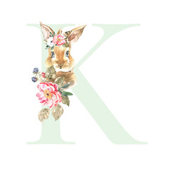 Watercolor green Animals Floral Alphabet letter K with cute watercolor bunny animal. Floral letter element for baby shower, Monogram for wedding, logo, frame art, poster, name sign wedding invite diy