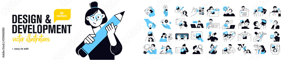 Wall mural design and development concept illustrations. set of people vector illustrations in various activiti
