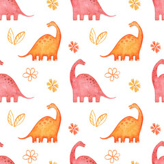 Watercolor seamless pattern with dinosaurs