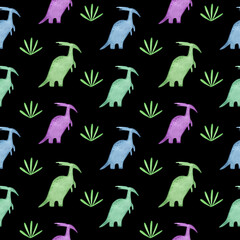 Fototapeta premium Seamless pattern with watercolor cute dino