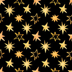 Seamless pattern with yellow stars on black background