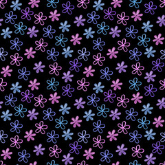 Seamless pattern with abstract colored flowers on black background