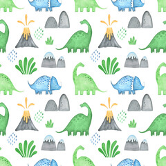 Seamless watercolor pattern with dinosaurs