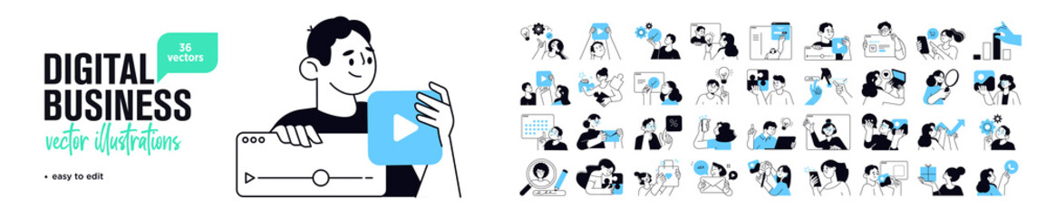 Fototapeta Business concept illustrations. Set of people vector illustrations in various activities of online business, startup, management, project development, communication, social media.  obraz