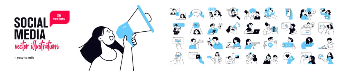 Foto op Plexiglas Sociale media concept illustraties. Set van mensen vectorillustraties in verschillende activiteiten van sociaal netwerk, digitale marketing, online communicatie, internetdiensten. © PureSolution