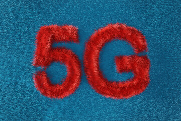 5G red lettering on a blue background, fluffy letters and numbers on a light blue background, the fifth generation of mobile communications, technological illustration, 3d rendering