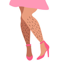 Female unshaved hairy legs in pink high heels. Before hair epilation. Skin care, woman love your body. Self Acceptance, Beauty Diversity, Body Positive. Hand drawn flat trendy fashion illustration - obrazy, fototapety, plakaty
