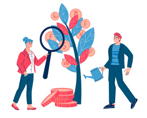 Growing money tree and business investment concept, flat cartoon vector illustration isolated on white background. Increasing company profit and earnings, return on investments.