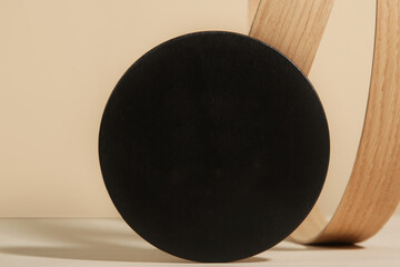 Minimalist wooden scene. Abstract minimal empty stage with black wooden circle. Mockups display for...