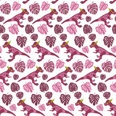 Pachycephalosaurus Monstera Seamless Pattern. Vector Illustration of Nature Dinosaur Animal.