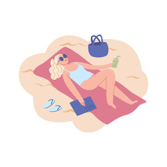 Young girl lies on a towel on the beach. Female cartoon character is resting, reading a book. Woman enjoys hot summer. Flat vector illustration. All elements are isolated.