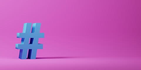 3D render of blue hashtag symbol on pink background