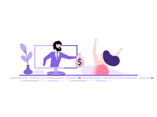 A man from a monitor holds out a bag of money to a happy woman. Concept of earnings on the Internet, online income, gambling.