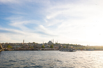 Fototapeta premium Istanbul view from Galata Bridge. Suleymaniye Mosque and Eminonu district
