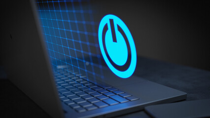Power on technology symbol on laptop 3D Render