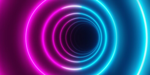 Modern, abstract round circle blue and pink neon light frames hypnotic fading tunnel over black background
