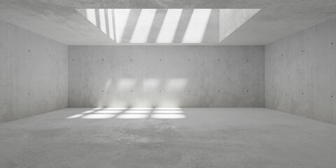 Abstract empty, modern concrete room with square opening in the ceiling, grid shadow and rough floor - industrial interior background template