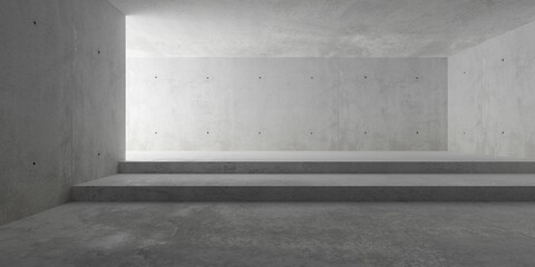 Abstract empty, modern concrete room with stairs, indirect light from the left and rough floor - industrial interior background template - obrazy, fototapety, plakaty