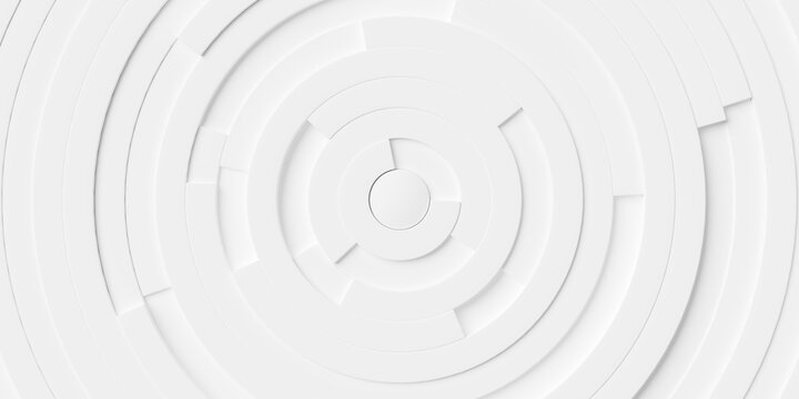 Concentric random rotated beveled white ring or circle segments offset background wallpaper banner flat lay top view from above