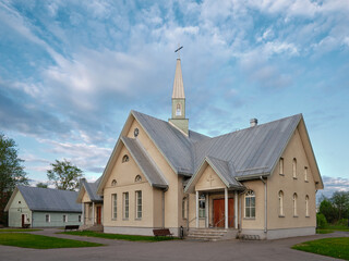 Lutheran Church parish of Holy Cross in Olonets: summer evening, blue sky, beautiful clouds, Anuksenlinna, Alnus.