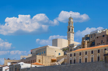 Fototapeta na wymiar Israel, view of Tel Aviv shore sea shoreline and Namal Yafo historic Old Jaffa port.
