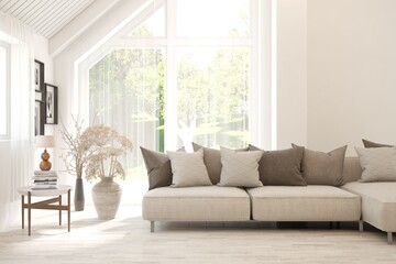 White living room with sofa and summer landscape in window. Scandinavian interior design. 3D illustration
