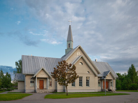 Lutheran Church parish of Holy Cross in Olonets: summer evening, blue sky, beautiful clouds, Anuksenlinna, Alnus.