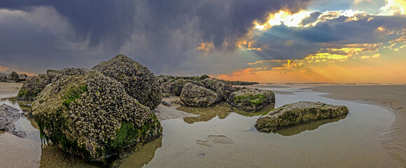 Panoramic picture of rocks during low tide on North Sea coast of Belgium