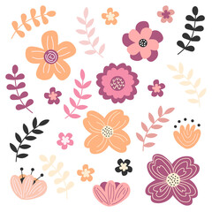 Spring flowers set with pastel color. Floral and leaves elements collection. Simple hand drawn icons on white