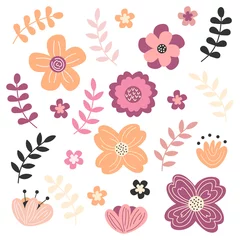 Fotobehang Spring flowers set with pastel color. Floral and leaves elements collection. Simple hand drawn icons on white © brillianata