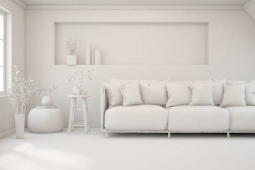 White minimalist living room with sofa. Scandinavian interior design. 3D illustration