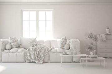 White minimalist living room with sofa. Scandinavian interior design. 3D illustration