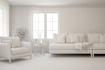 Mock up of stylish room in white color with sofa. Scandinavian interior design. 3D illustration
