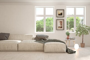 White living room with sofa and summer landscape in window. Scandinavian interior design. 3D illustration