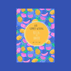 Wedding invitation with fruits. Greeting date card with summer elements. Vector illustration with modern summer colors