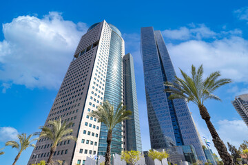 Israel, Tel Aviv financial business district skyline includes shopping malls and high tech offices.