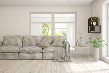White living room with sofa. Scandinavian interior design. 3D illustration