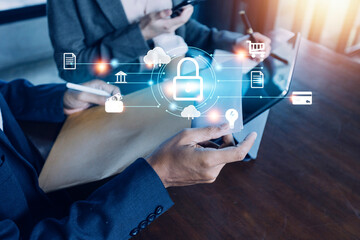 Cybersecurity and privacy concepts to protect data. Lock icon and internet network security technology. Businessman protecting personal data on smart phone with virtual screen interfaces.