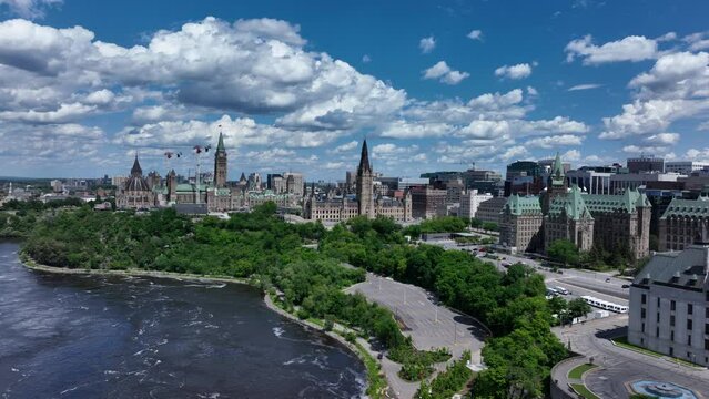 Aerial view of Ottawa Ontario Canada downtown core and parliament hill with peace tower