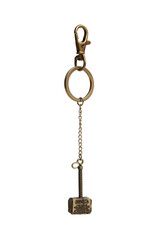 Close-up shot of a bronze hammer keychain with an inscription. The key ring Hammer is isolated on a white background. Front view.