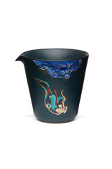 Detailed shot of a dark turquoise color printed chahai in chinese style. The designer ceramic hand painted chahay with a mythological image is isolated on the white background.