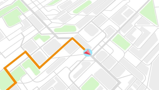 City map navigation route seamless loop. GPS Tracking. Moving red marker forward on a map. Arrow moving on city map. GPS navigation route delivery point. Shot in 4k resolution with 60 Frame per second