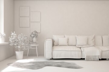 White minimalist living room with sofa. Scandinavian interior design. 3D illustration