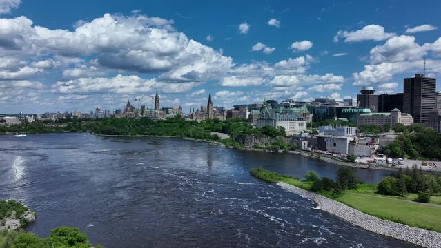Aerial view of Ottawa Ontario Canada downtown core and parliament hill with peace tower