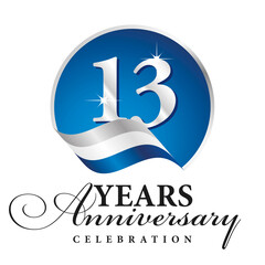 Fototapeta na wymiar Anniversary 13 years celebration logo silver white blue ribbon background