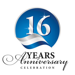Fototapeta na wymiar Anniversary 16 years celebration logo silver white blue ribbon background